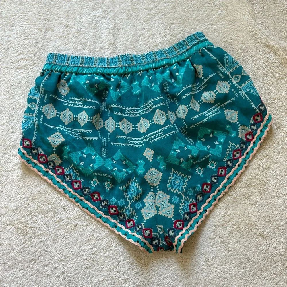 Rococo Sand Silk Aztec Embroidered Shorts XS Green